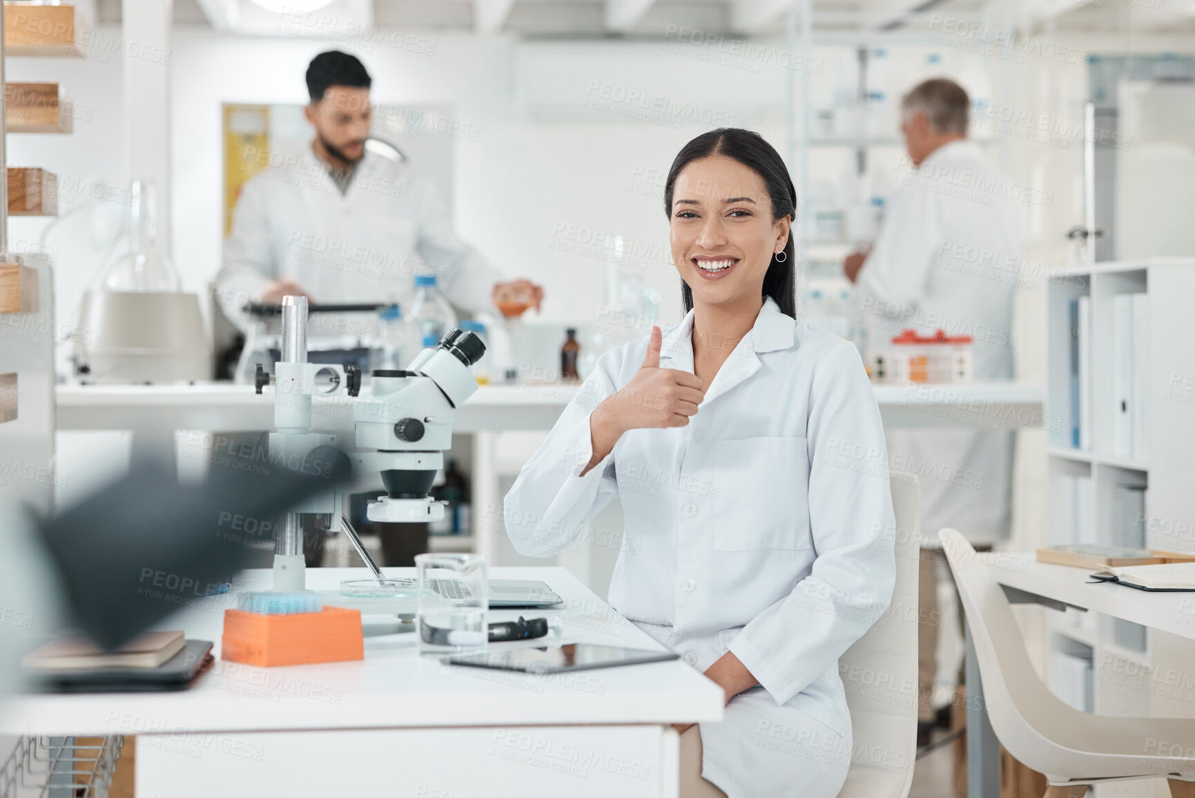 Buy stock photo Research, thumbs up and portrait of woman in laboratory with confidence, smile and medical science. Healthcare, happy and scientist at desk with agreement, like or study in pharmaceutical engineering