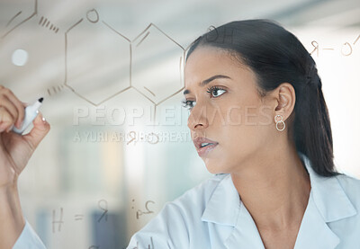 Buy stock photo Woman, scientist and equations on glass in lab for problem solving, medical planning and science experiment. Girl, researcher and writing for molecule process, healthcare formula and vaccine solution