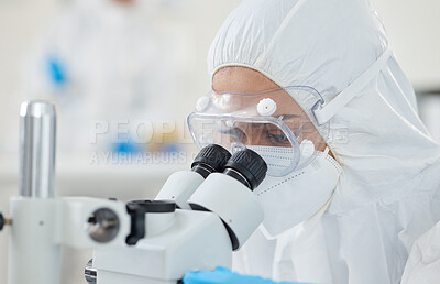 Buy stock photo Microscope, ppe and woman scientist checking virus, test results or pharmaceutical innovation with mask. Safety, gear and lab technician with bacteria research, medical danger or vaccine development