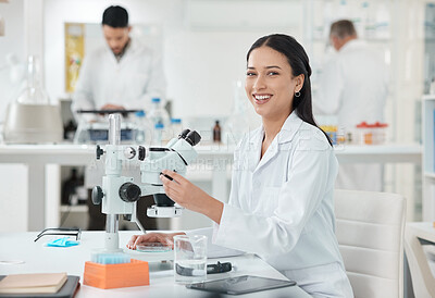 Buy stock photo Scientist, woman and portrait with microscope, research and medical analysis in clinic laboratory. Chemistry, testing and hospital medicine for vaccine and science work with ppe gear for study