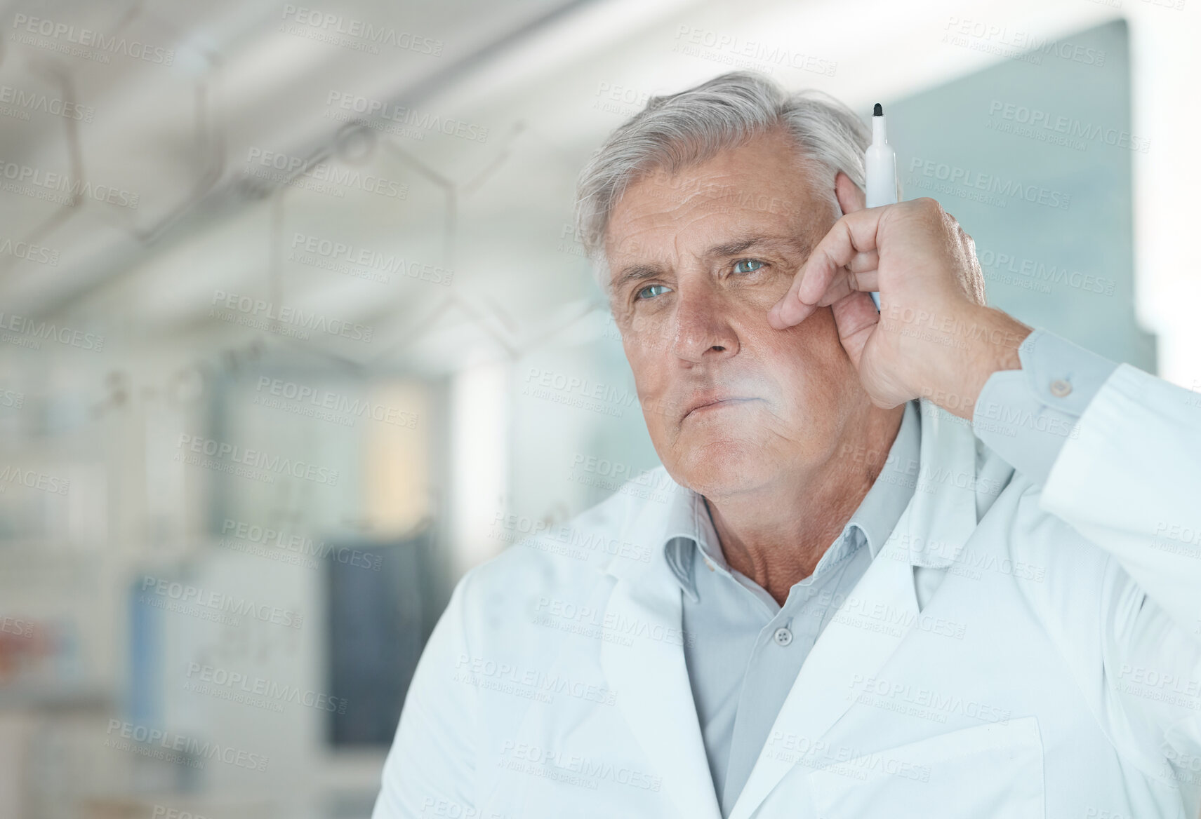 Buy stock photo Man, scientist and thinking of formula on glass for problem solving, medical planning and science experiment. Mature, researcher and idea of molecule process, healthcare equation and vaccine solution