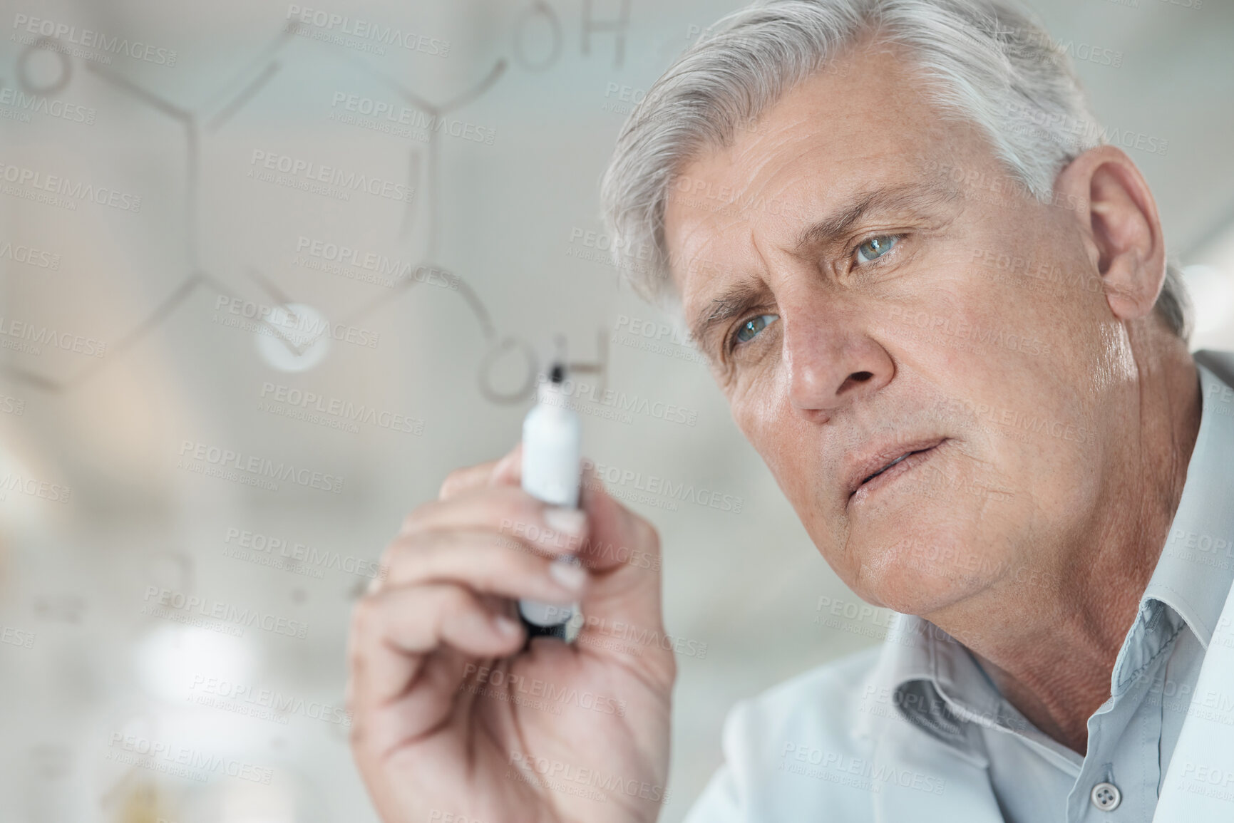 Buy stock photo Man, scientist and formula on glass in lab for problem solving, medical planning and science experiment. Mature, researcher and writing with molecule process, healthcare equation and vaccine solution