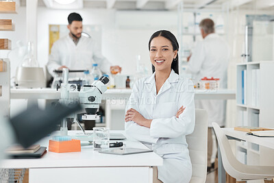 Buy stock photo Research, portrait and woman in laboratory with confidence, smile and medical science innovation. Healthcare, happy and scientist at desk with arms crossed, study or pride in pharmaceutical office