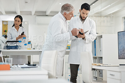 Buy stock photo Scientist, men and writing in notebook in lab for disease experiment, medical study and dna process. Researcher, people and molecule research with engineering, vaccine results and healthcare solution