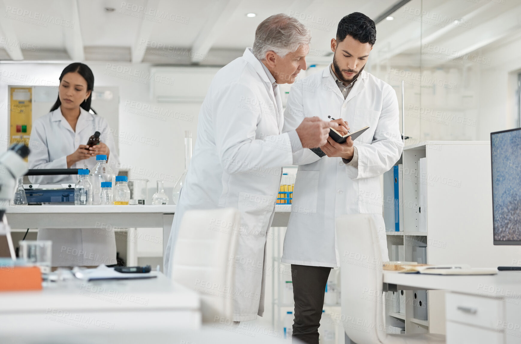 Buy stock photo Scientist, men and writing in notebook in lab for disease experiment, medical study and dna process. Researcher, people and molecule research with engineering, vaccine results and healthcare solution