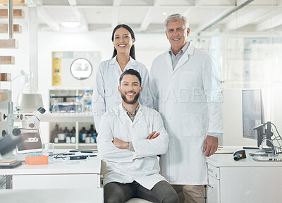 Buy stock photo Portrait, men and women in laboratory with confidence, smile and collaboration for medical research. Scientist, teamwork and group of doctors with arms crossed, pride and pharmaceutical engineering