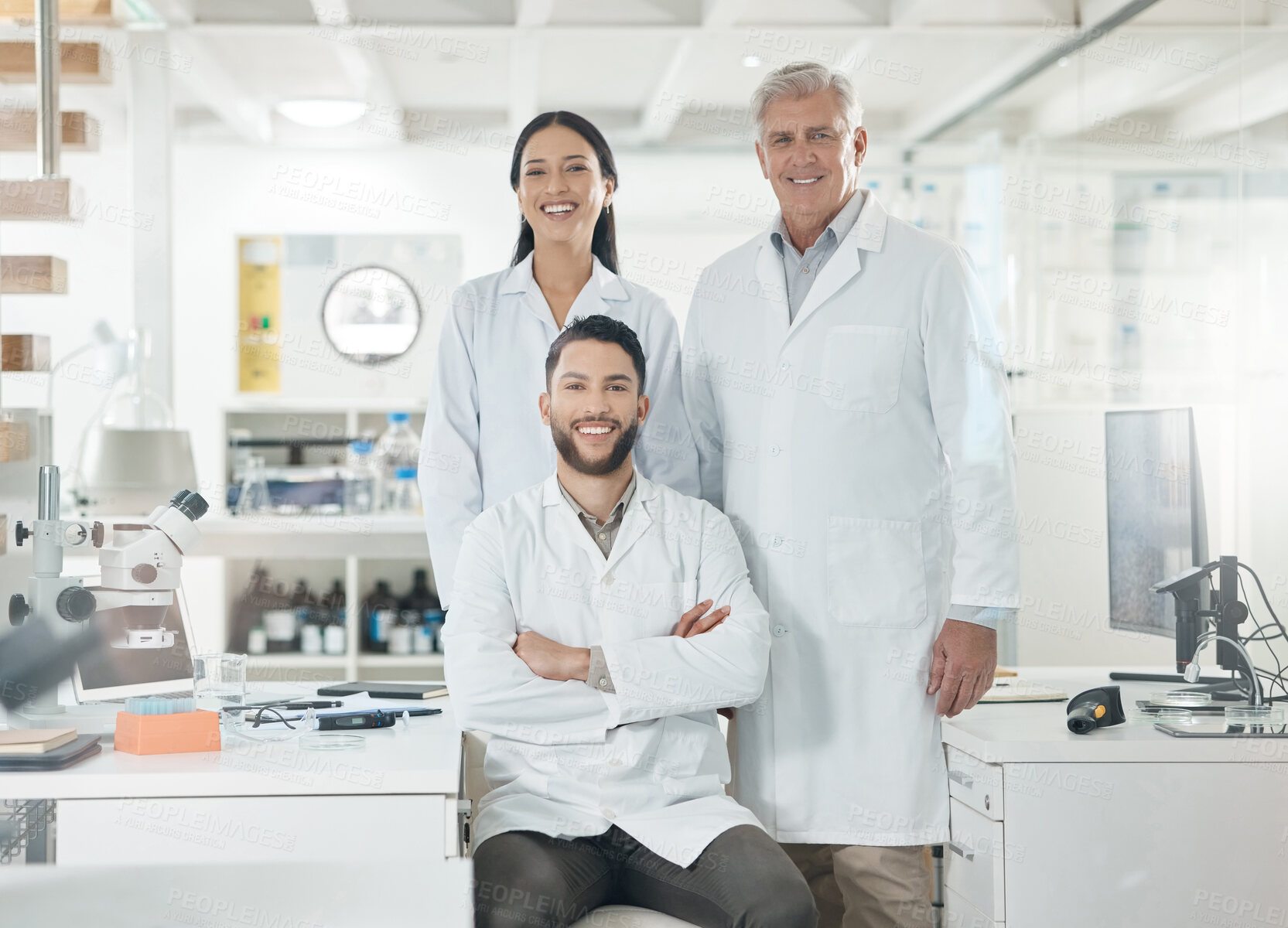 Buy stock photo Portrait, men and women in laboratory with confidence, smile and collaboration for medical research. Scientist, teamwork and group of doctors with arms crossed, pride and pharmaceutical engineering