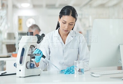 Buy stock photo Scientist, woman and microscope with petri dish and medical analysis in laboratory. Chemistry, test and hospital research for monkeypox vaccine dropper and science work with ppe gear for virus study