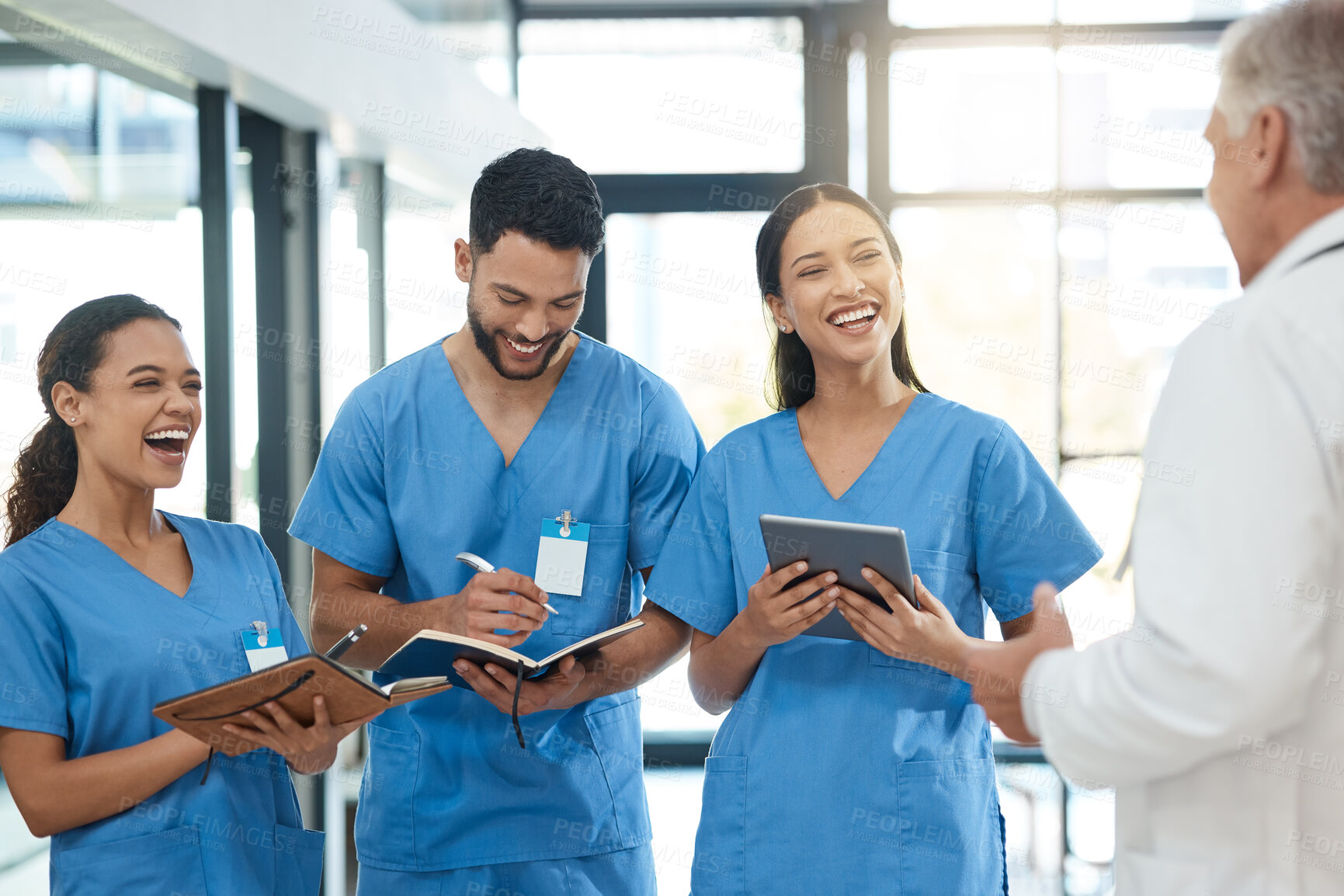 Buy stock photo Doctors, people and talk with tablet in hospital of healthcare schedule, planning surgery and learning goal. Staff, teamwork and digital research with medical advice, checklist and information report