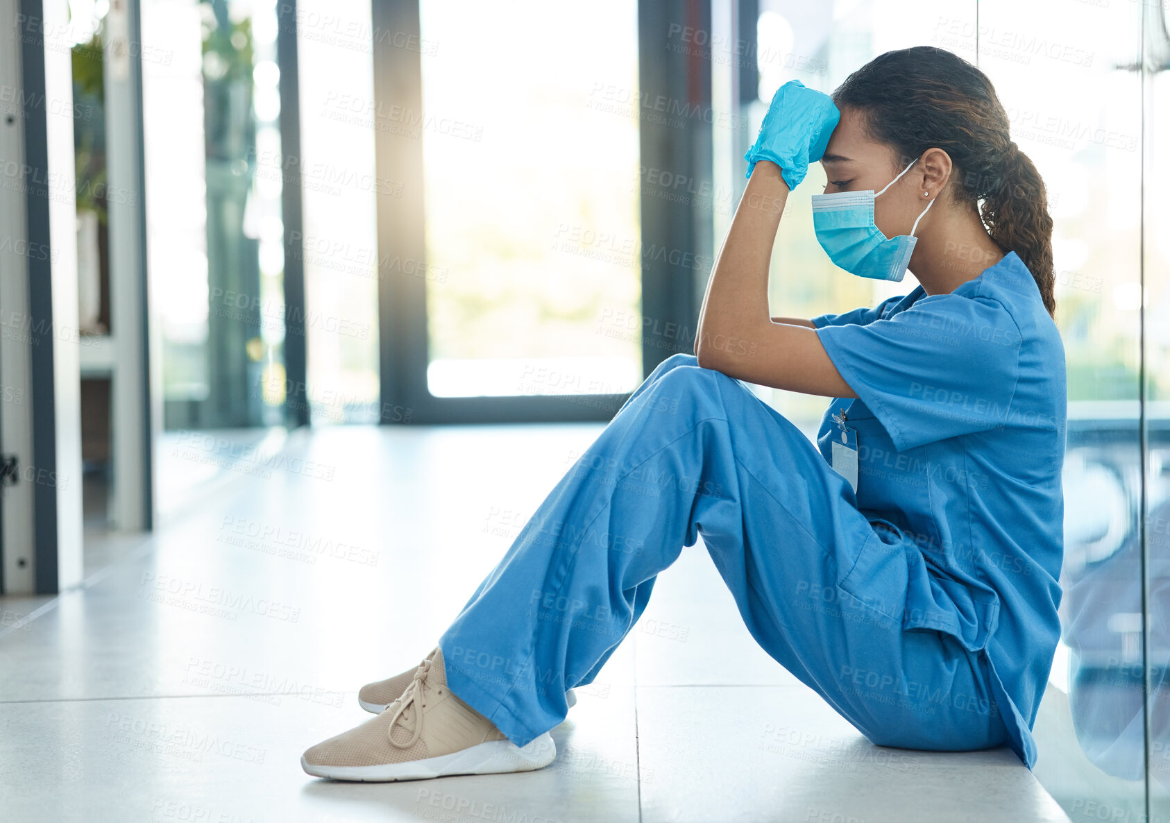 Buy stock photo Sad, woman and doctor with stress at hospital for surgery mistake, medical crisis and depression of burnout. Tired, female surgeon and anxiety with healthcare news, accident trauma and emergency risk