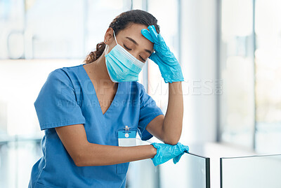 Buy stock photo Headache, woman and doctor with stress at hospital for surgery mistake, medical crisis and depression of burnout. Tired, girl and anxiety risk with healthcare news, accident trauma and emergency fail