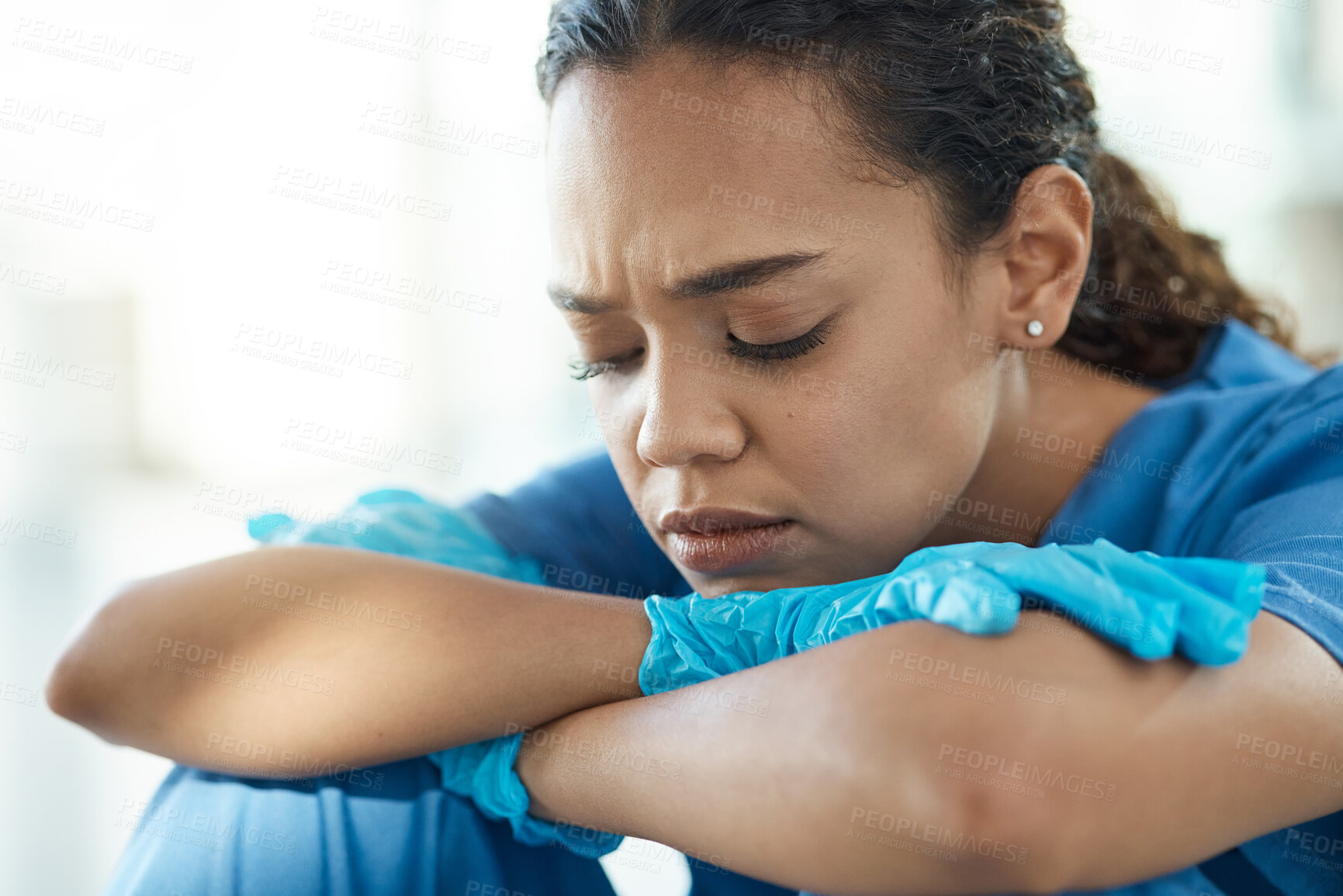 Buy stock photo Sad, girl and doctor with stress at hospital for surgery mistake, medical crisis and depression of burnout. Tired, woman or surgeon with anxiety of healthcare news, accident trauma and emergency risk