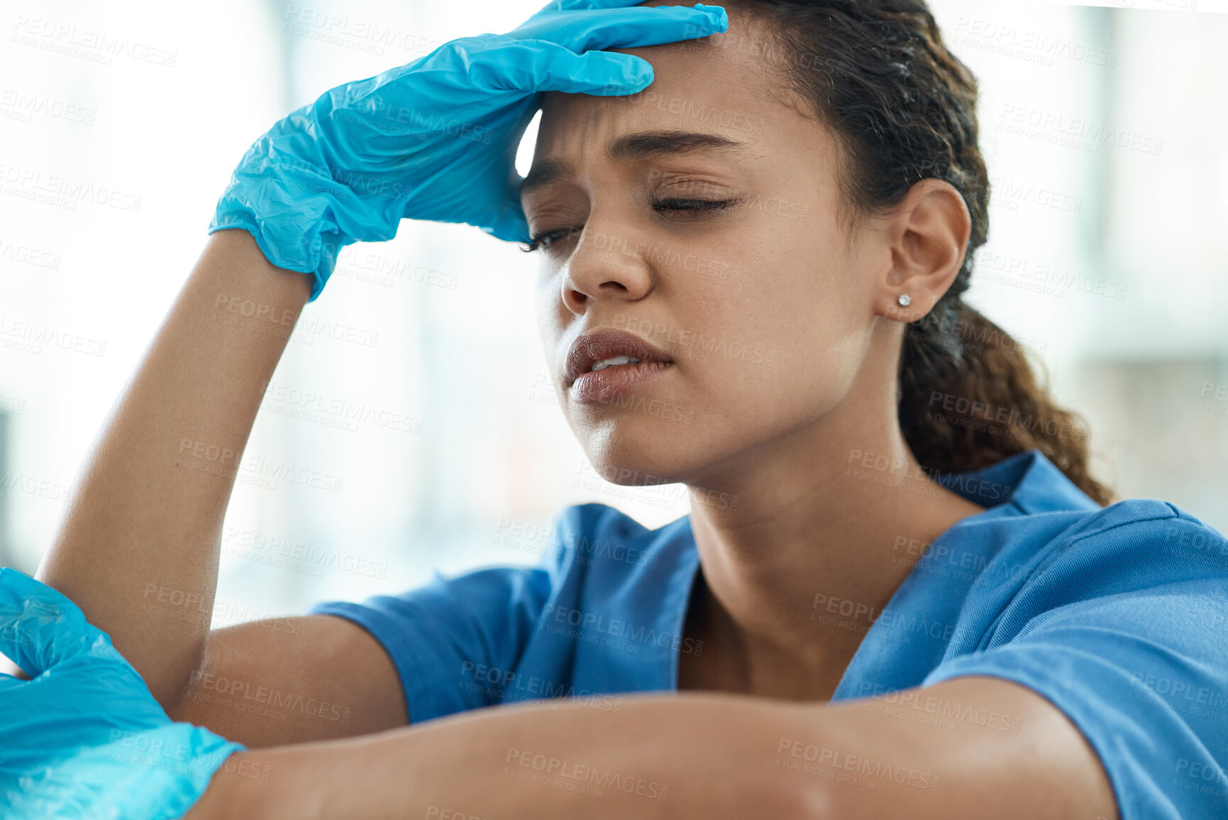 Buy stock photo Headache, girl and doctor with stress at hospital for surgery mistake, medical crisis and depression of burnout. Tired, woman and anxiety risk with healthcare news, accident trauma and emergency fail