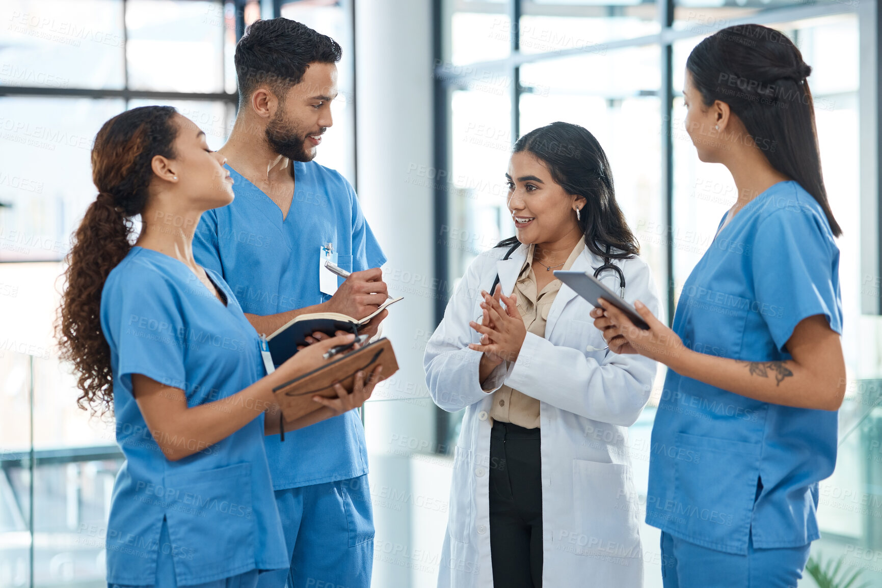 Buy stock photo Doctor, staff and tablet with discussion in hospital for healthcare schedule, planning surgery and feedback. People, teamwork and digital research for medical advice, checklist and report information