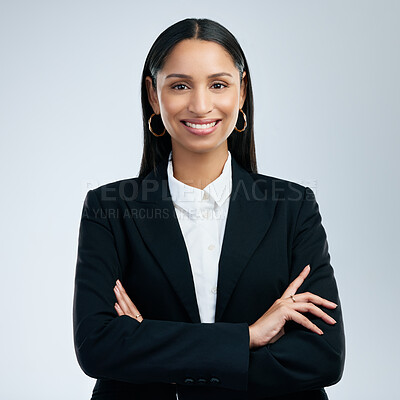 Buy stock photo Smile, portrait and businesswoman with confidence in studio, investor and professional career with pride. Corporate, female person and arms crossed for finance management, trader and white background