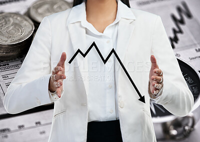 Buy stock photo Woman, hands and arrow for finance decrease, overlay and economy for investment on stock market. Female person, money and professional for trading disaster, cryptocurrency and banking fail or error