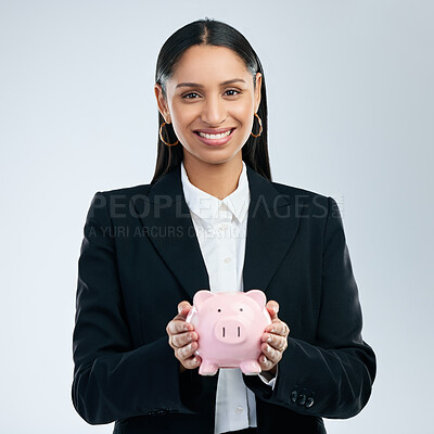 Buy stock photo Studio, portrait and business woman with piggy bank for savings, budgeting and investment for profit. Professional career, financial advisor and money box for growth, security and white background