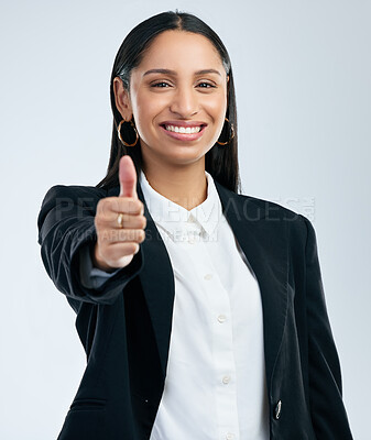 Buy stock photo Business woman, portrait smile and thumbs up for winning, positive feedback and goal in studio mockup. Female worker, hand and yes emoji for thank you, approval or promotion space by white background