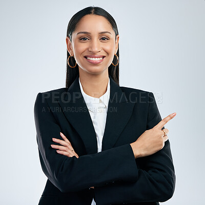 Buy stock photo Confidence, business and woman with portrait in studio for corporate career as financial or budget manager. Analyst, isolated and white background with pride, arms crossed and professional pointing