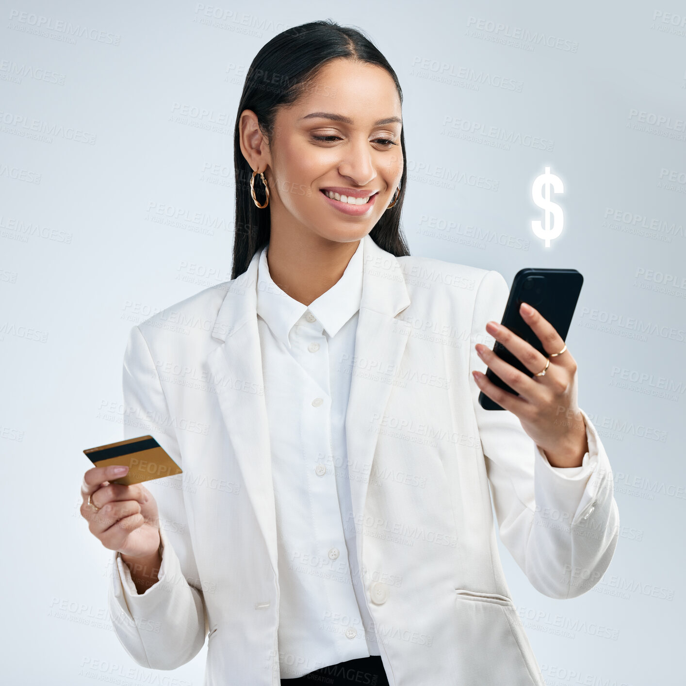 Buy stock photo Businesswoman, phone and credit card for investing, studio hologram and website verification. Female person, payment and online on gray background, ecommerce and profit exchange for banking progress