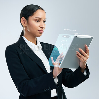 Buy stock photo Business, woman and tablet with hologram for stock market growth, exchange rate or cryptocurrency in studio. Corporate, finance expert or tech on white background for trade or global investment