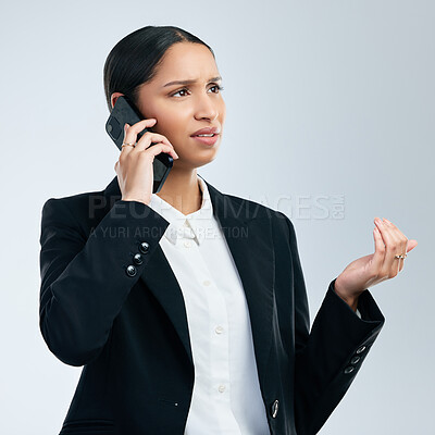 Buy stock photo Woman, phone call or confused for business in studio on discussion, stress or negative feedback. Corporate, female expert or cell for communication with mistake, crisis or anxiety on white background