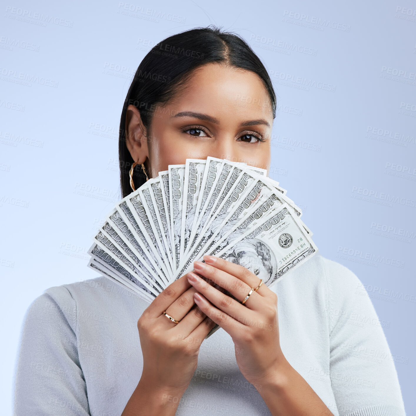 Buy stock photo Dollars, finance and woman in portrait with money for investment bonus or stock market cashback. Financial payment, person and bills for taxes income or savings profit on blue studio background