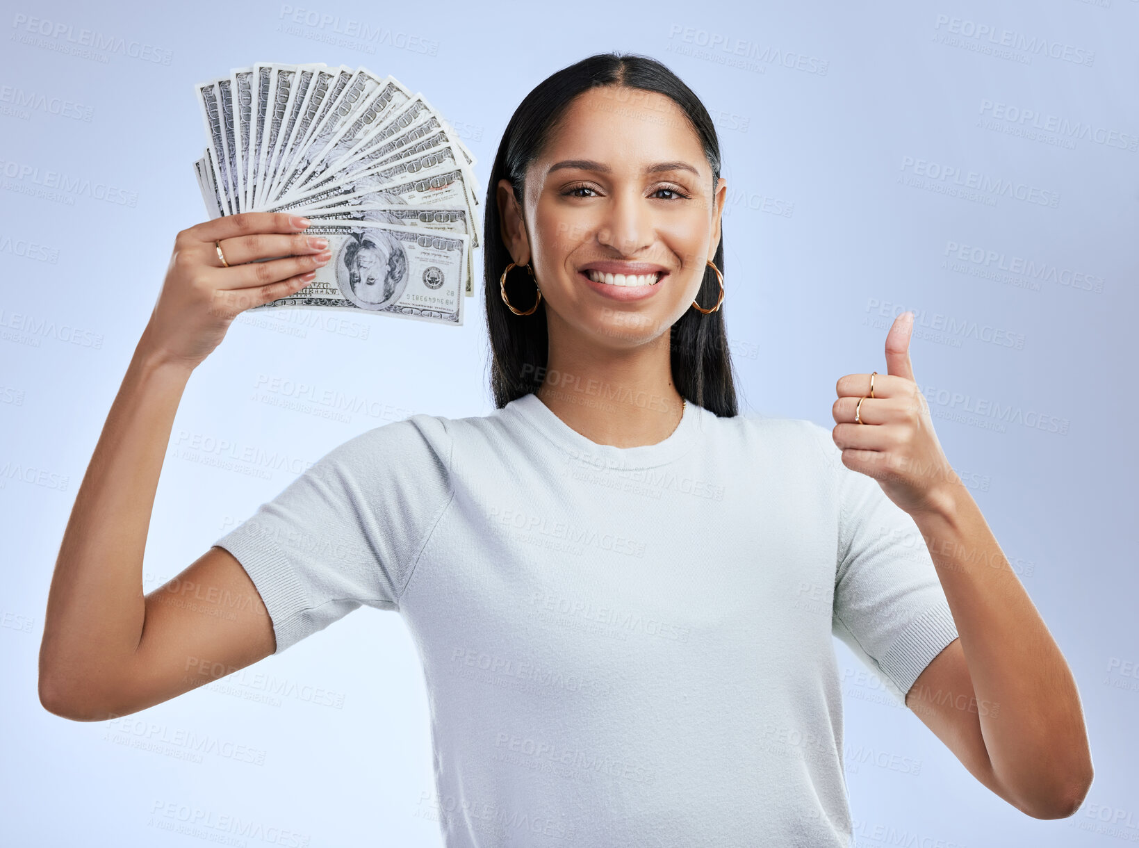 Buy stock photo Dollars, thumbs up and woman in portrait with money for investment bonus or stock market cashback. Financial payment, bills or happy person for taxes income or savings profit on studio background