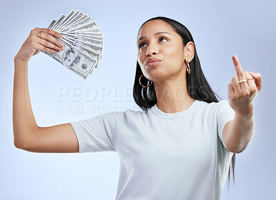 Buy stock photo Woman, money fan and middle finger in studio for cash, finance and lottery winner or celebration. Achievement, profit and female person or crazy for bonus, success and promotion by gray background