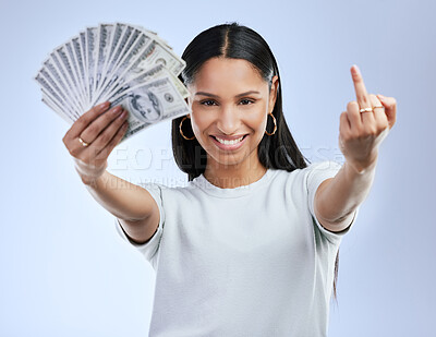 Buy stock photo Portrait, woman and finger in studio for cash, finance or gesture for lottery winner or prize. Achievement, profit and female person or pride for bonus, success and rich or dollars by gray background