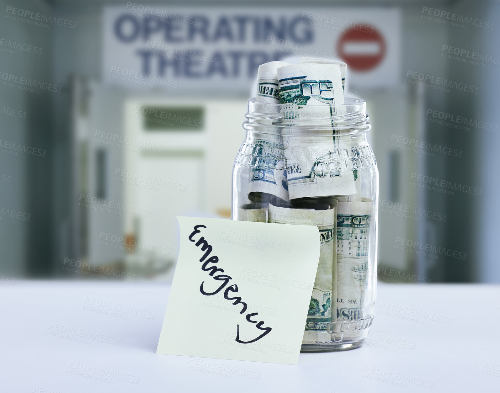 Buy stock photo Glass, paper and money as savings for emergency, medical funding and safety with growth in hospital. Container, notes and cash as donation for insurance, payment and crisis budget with sticky note