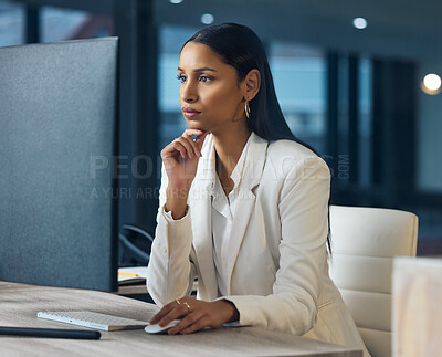 Buy stock photo Night, thinking or woman in office on computer for info, stock market update or online at desktop. Professional, female trader or tech on internet for finance management, current affairs and business