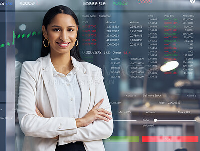 Buy stock photo Overlay, stock market and woman with smile, arms crossed and portrait for accounting and numbers. Finance, data and happy with confidence of growth of business, auditor and corporate for economy