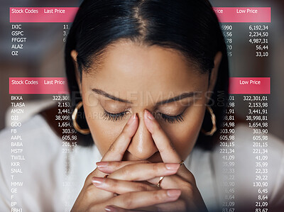 Buy stock photo Woman, stress and stock market crash on dashboard with code and report for data analysis. Face of female broker with digital overlay for stocks, trading and anxiety for investment fail or crisis