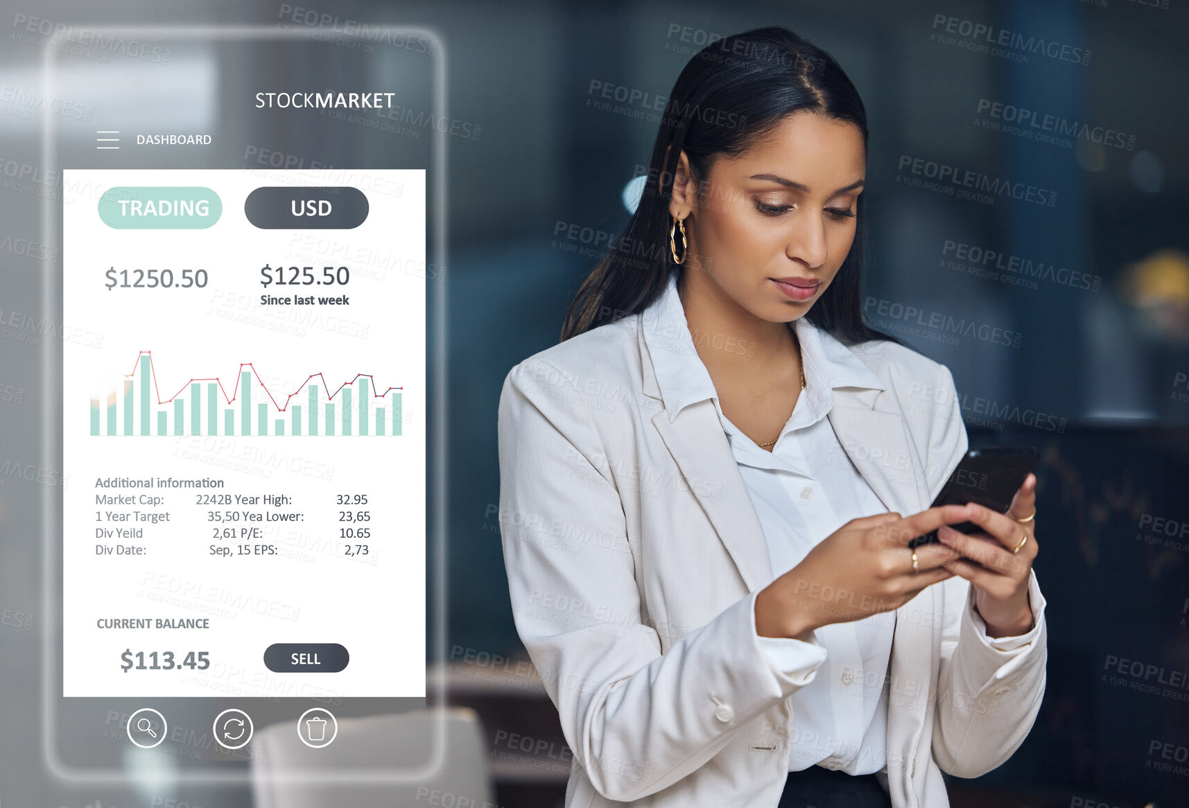 Buy stock photo Woman, cellphone and hologram of screen for stock market crash, business and career working in office. Charts, technology or trader in workplace for budget or crisis for company and future finance