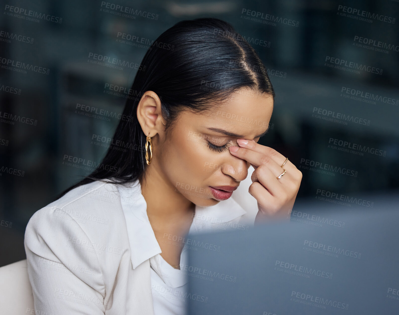 Buy stock photo Burnout, woman and laptop for stock market crash, business and trader working in office. Headache, technology and corporate person at desk for internet, budget and glitch or stress for future finance