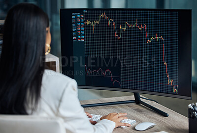 Buy stock photo Woman, computer screen and graphs for stock market crash, business and career working in office. Charts, technology and trader at desk for internet, budget and crisis for company or future finance