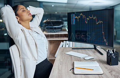 Buy stock photo Woman, stress and computer with stock market graphs on dashboard screen for business debt review. Female broker at pc for SEO, trading and anxiety for fail, crash or financial crisis, problem or risk