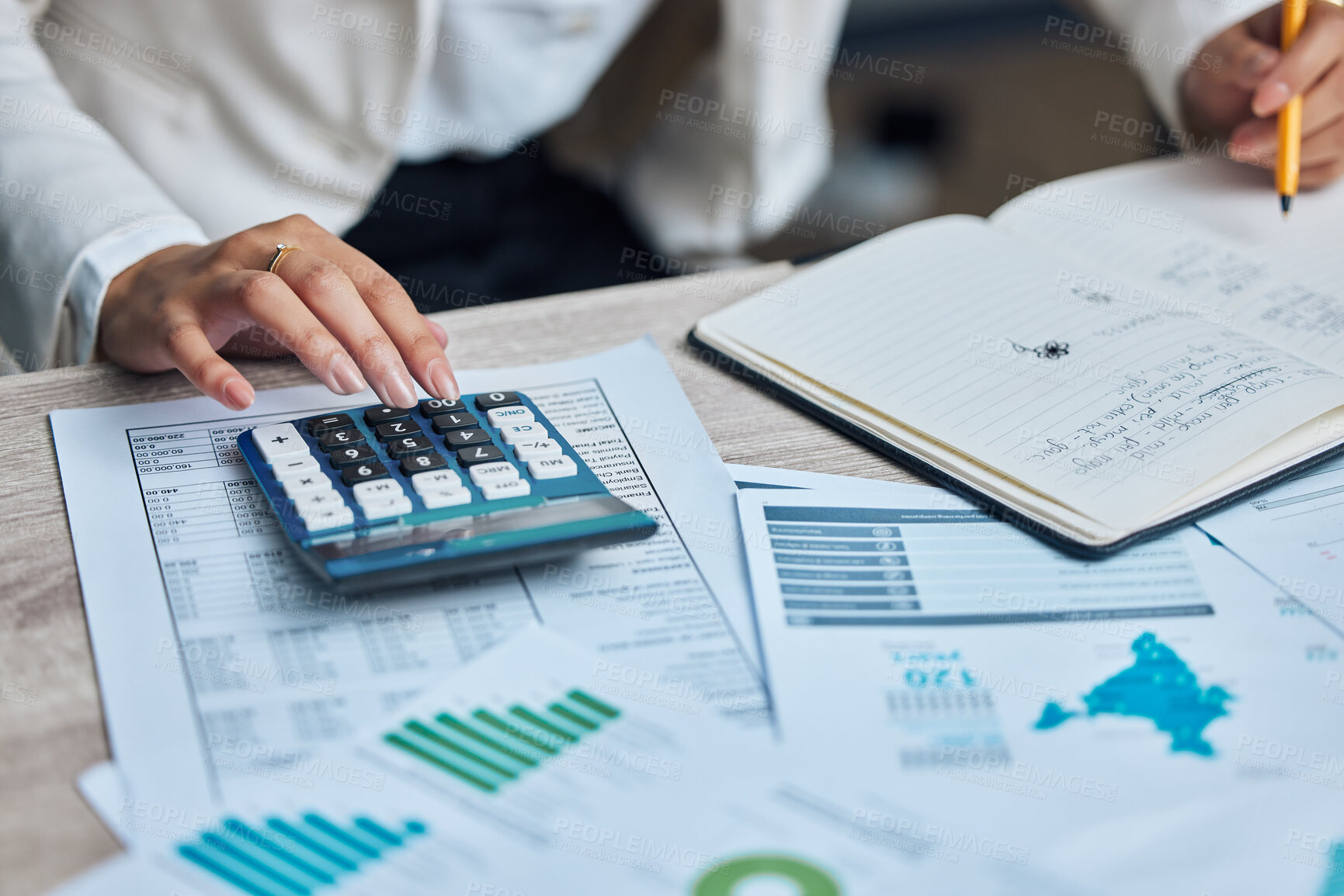 Buy stock photo Hands, notebook and writing with calculator in office for research, planning and financial investment. Woman, graphs and budget for business accounting, stock market and company revenue increase