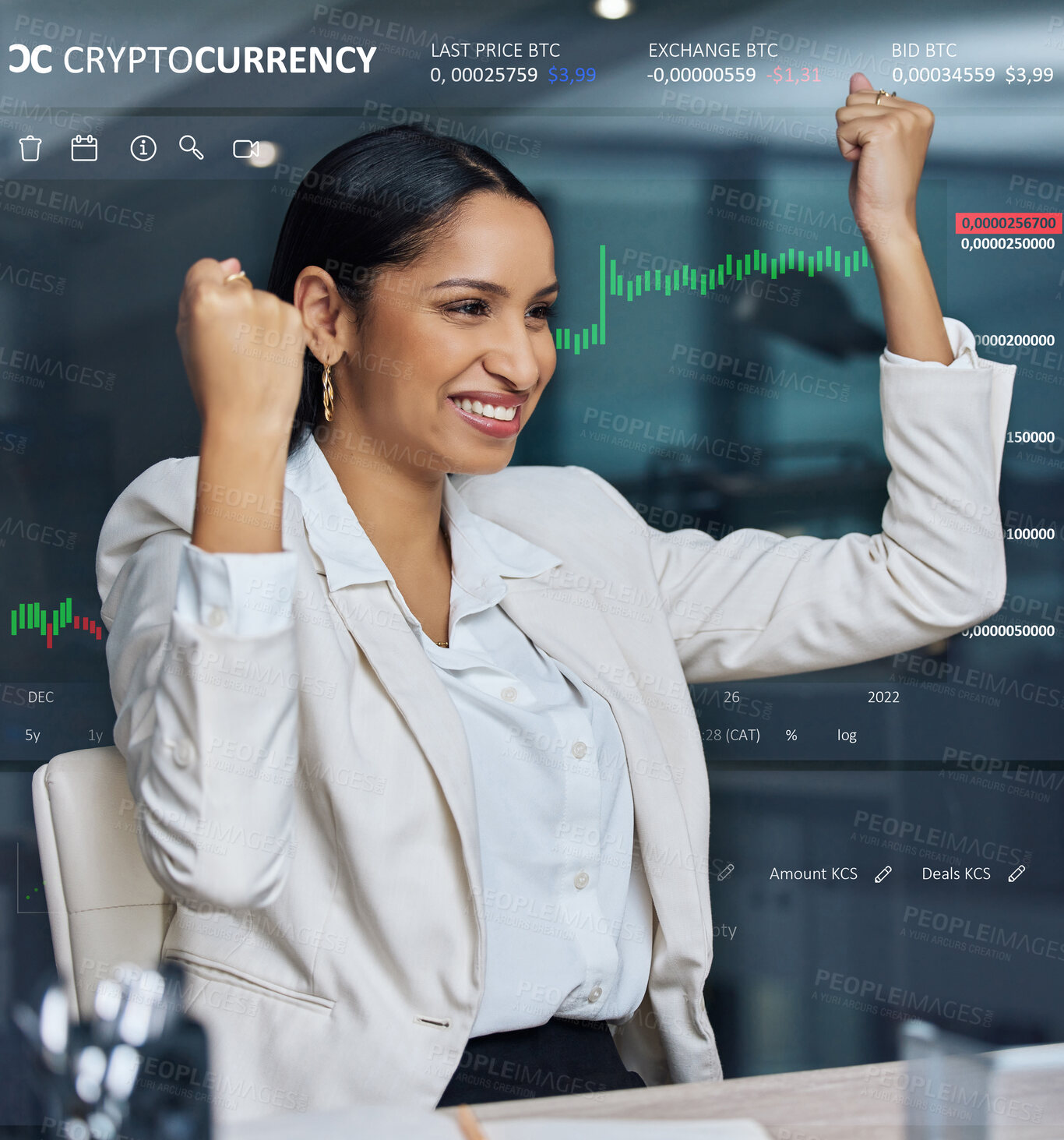 Buy stock photo Hologram, stock market and woman with smile, celebration and desk for accounting and numbers. Finance, winner and happy with confidence of growth of business, auditor and corporate for economy