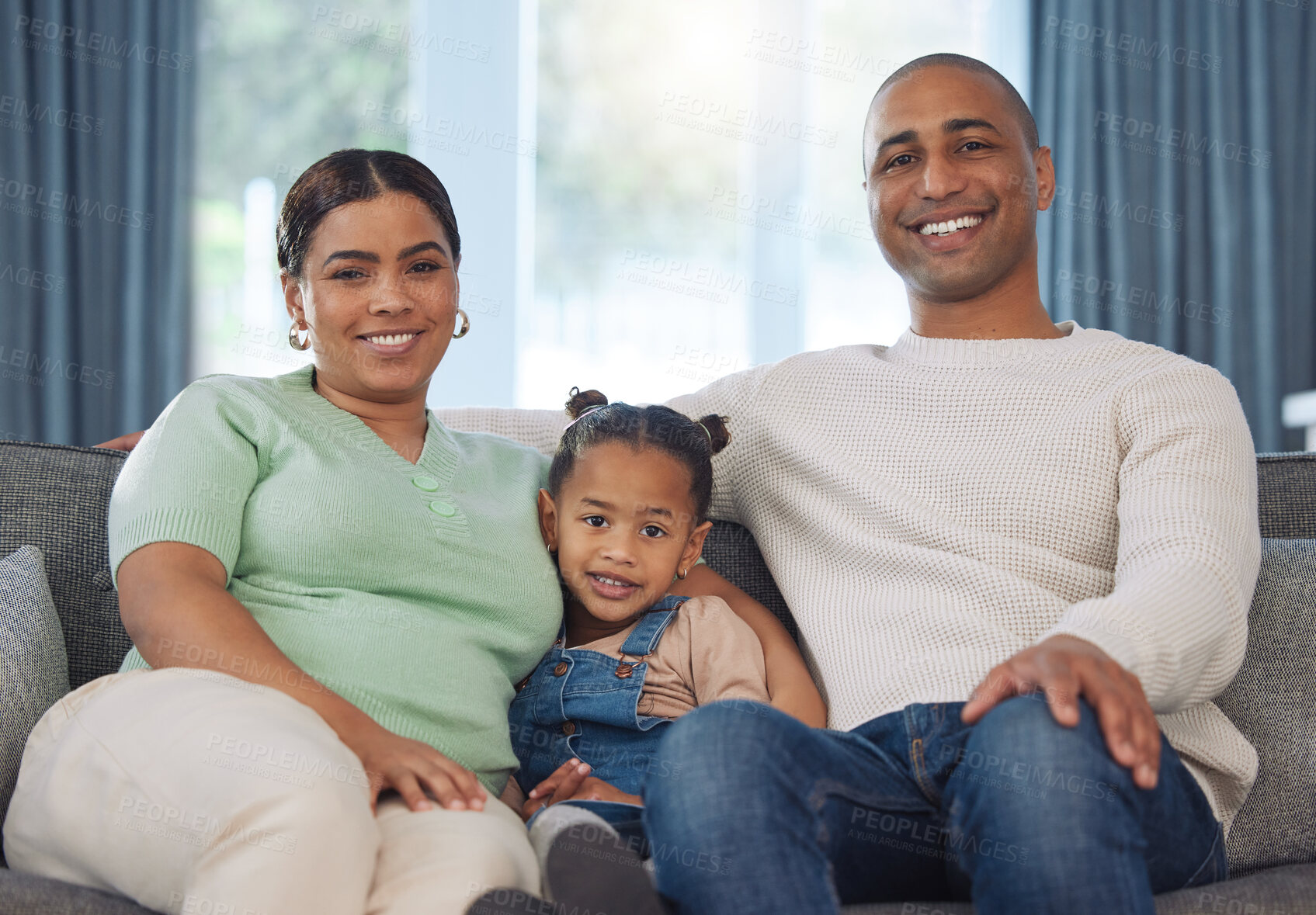 Buy stock photo Portrait, family and relax on couch with love, bonding and affection for child for parent relationship with trust or care. Mother, father and female kid on sofa in house, embrace and comfort.