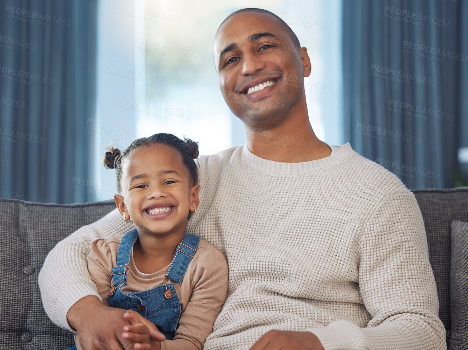 Buy stock photo Portrait, dad and girl relax on couch with love, bonding and affection for child for father or daughter relationship with trust. Parent, female kid and together on sofa in house, embrace and comfort.