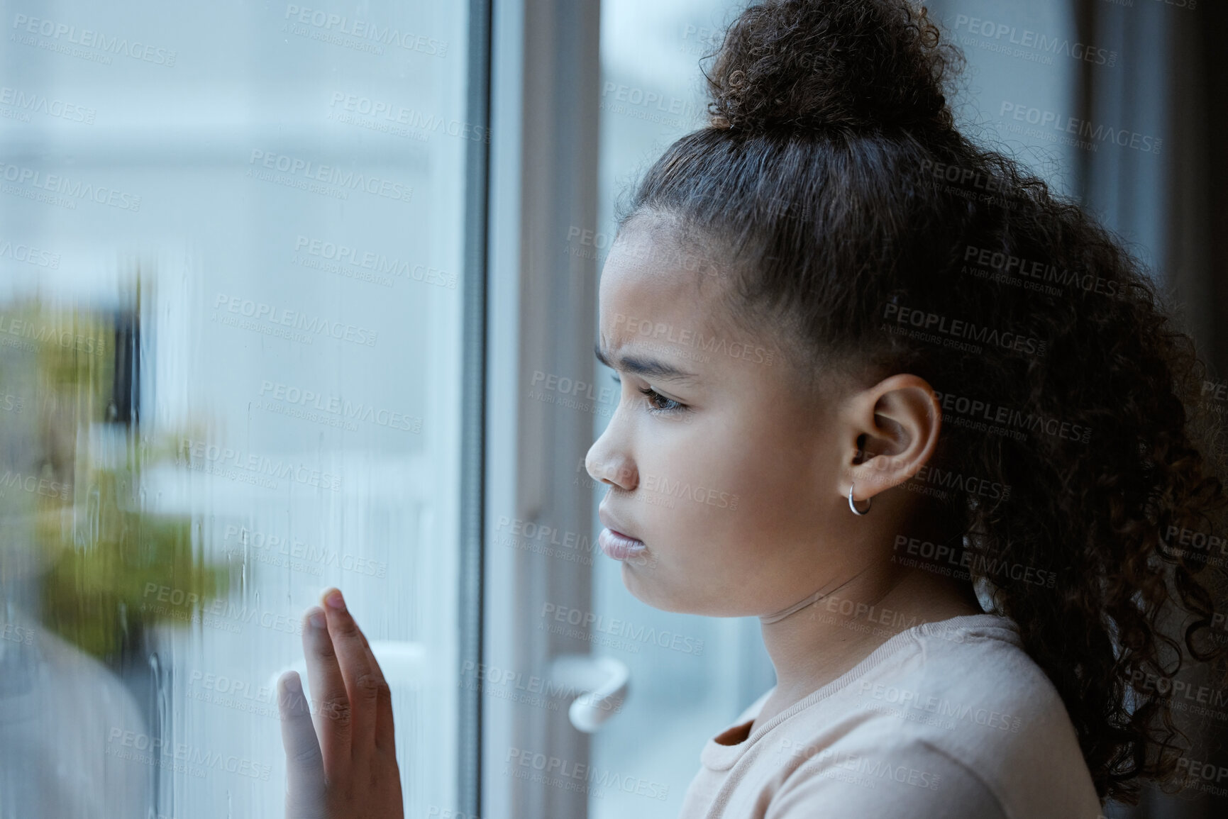 Buy stock photo Girl, child and sad at window in house with depression, abandoned or waiting on adoption in foster care. Orphan kid, mental health and lonely or daydreaming of new home with trauma, stress or unhappy