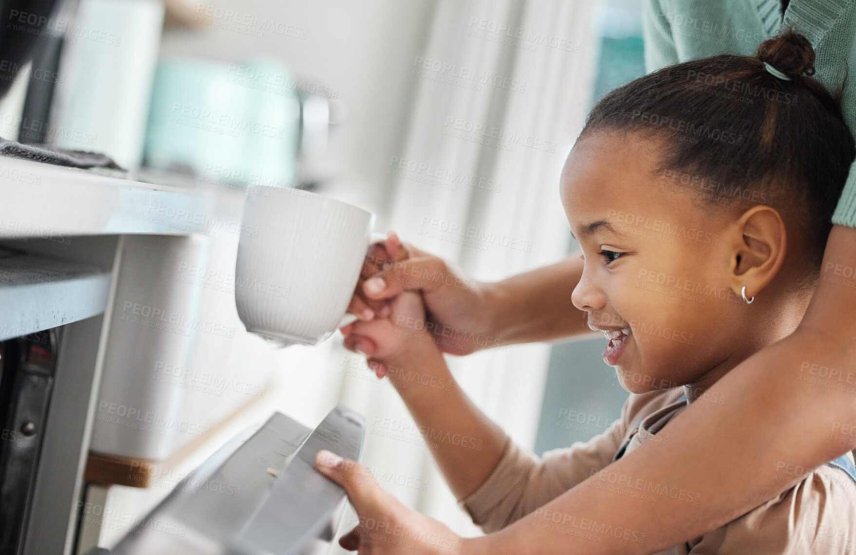 Buy stock photo Child, dishwasher and hand of mother in kitchen for help with cup, chores and teaching responsibility in home. Parent, girl and happy for learning, cleaning and washing mug for bacteria with hygiene