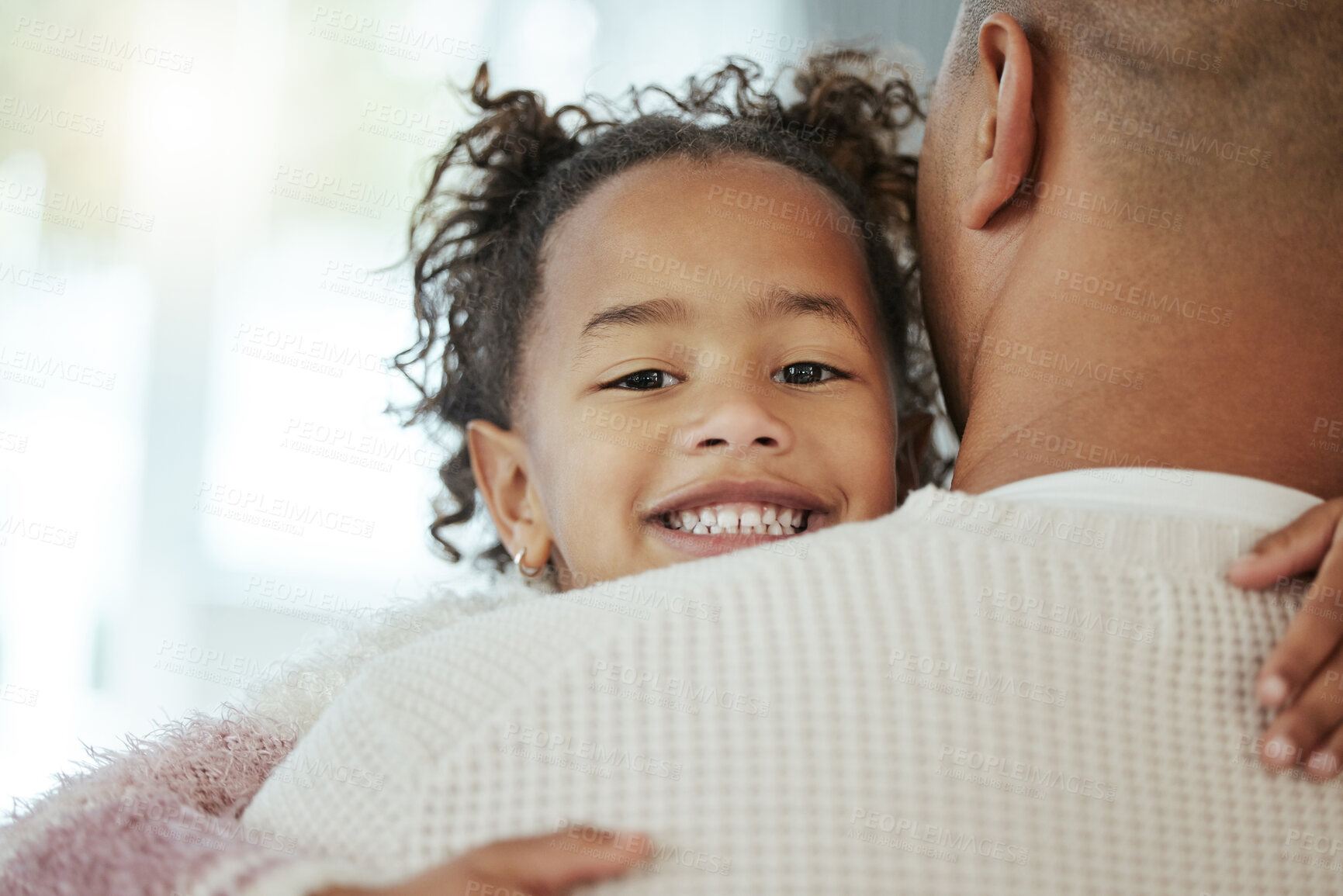 Buy stock photo Dad, girl and hug in home portrait, care and support in relationship for happiness. Father, daughter and together in family house for love, embrace and security for connection to single parent