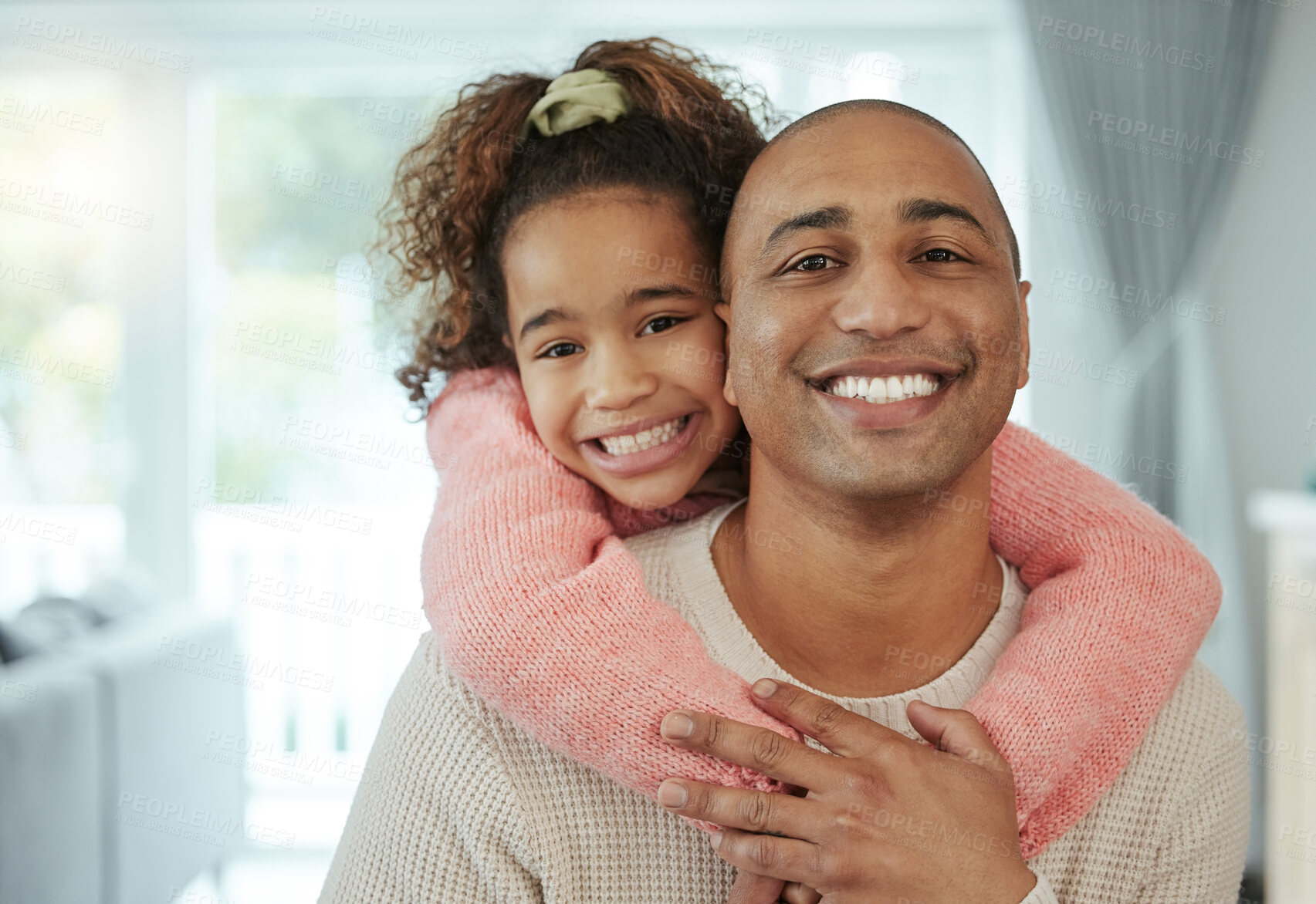 Buy stock photo Shot of an adorable little girl embracing her father from behind