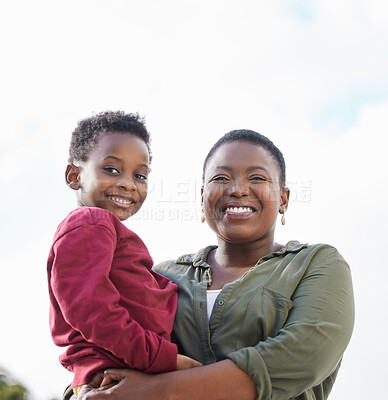 Buy stock photo Black family, kid and portrait of happy mom outdoor for love, care or bonding together. Face, mama and carry boy child for motherhood, support or connection at garden with smile of parent in nature