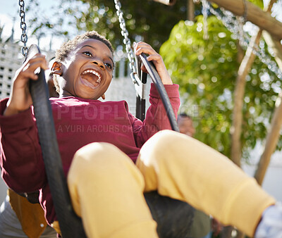 Buy stock photo Swing, happy kid and black boy in playground for games, freedom and weekend fun. Young child, smile or excited in garden for growth, development or enjoying recess at kindergarten in Nigeria