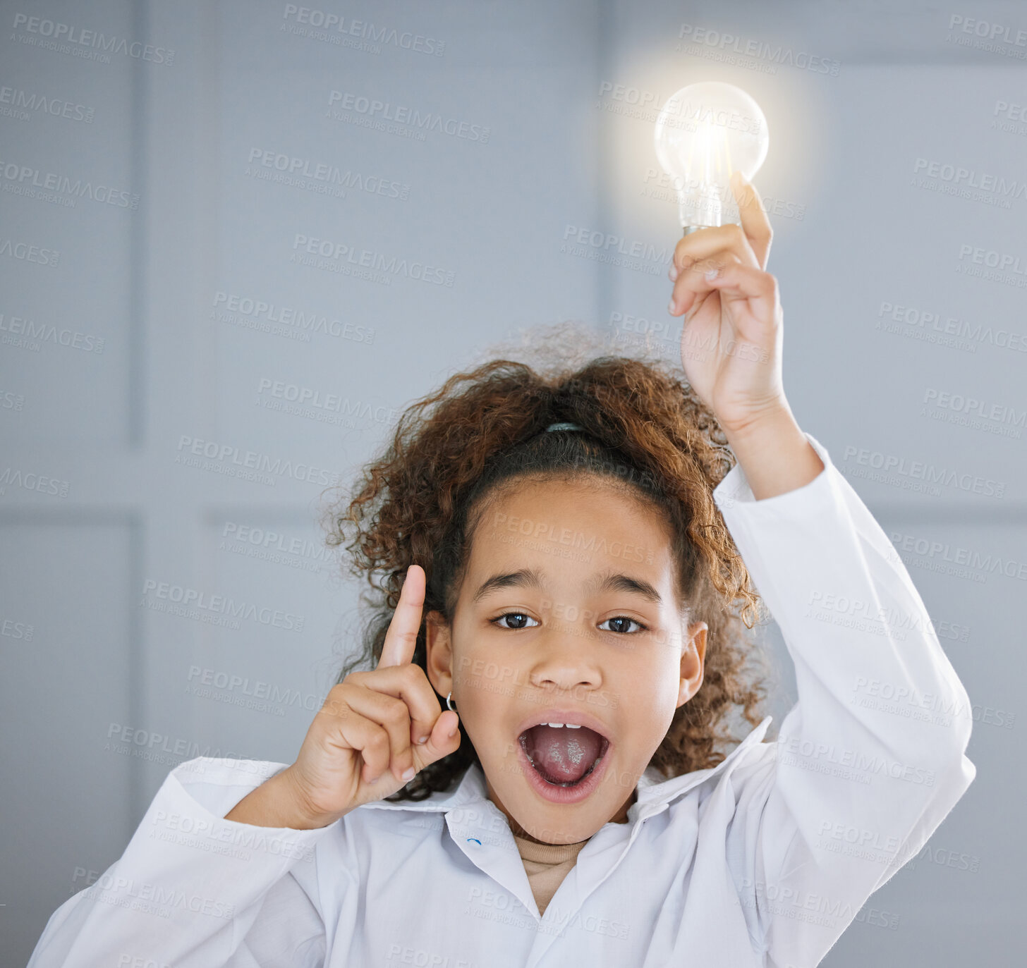 Buy stock photo Lightbulb, girl and child portrait with solution for science idea, creative inspiration and surprised for knowledge. Kid scientist, genius and insight on answer, learning and eureka with mockup space