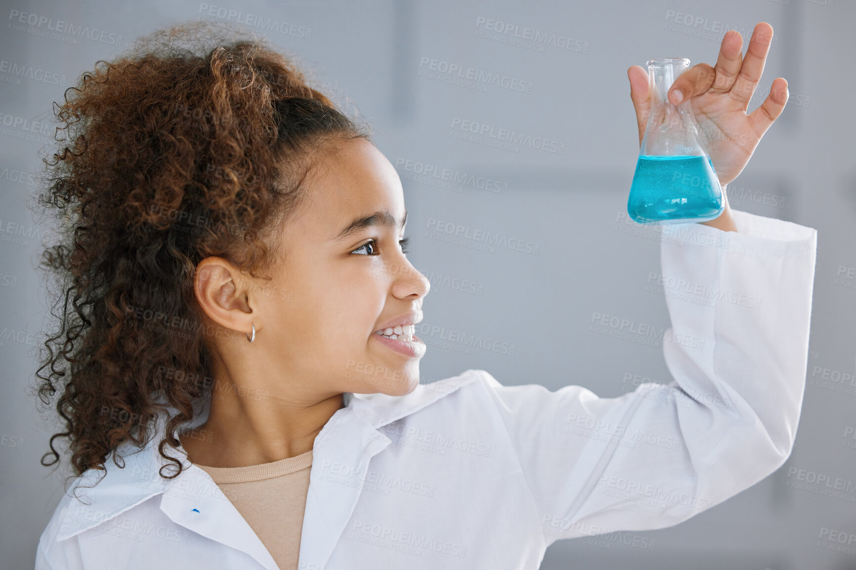 Buy stock photo Beaker, science and smile of girl child in laboratory for experiment, investigation or reaction. Chemical, liquid and solution with happy student scientist in lab coat for breakthrough or discovery